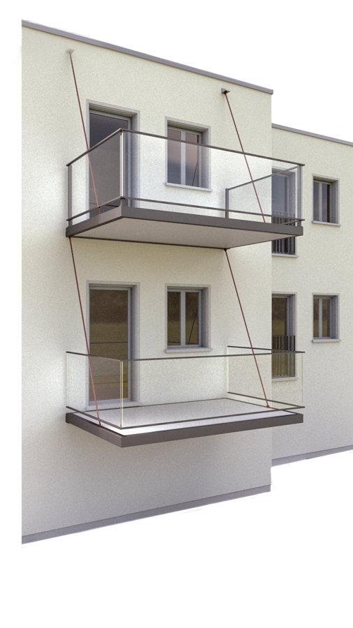 Diser Vorhängebalkon wird von einem Zugstab getragen.