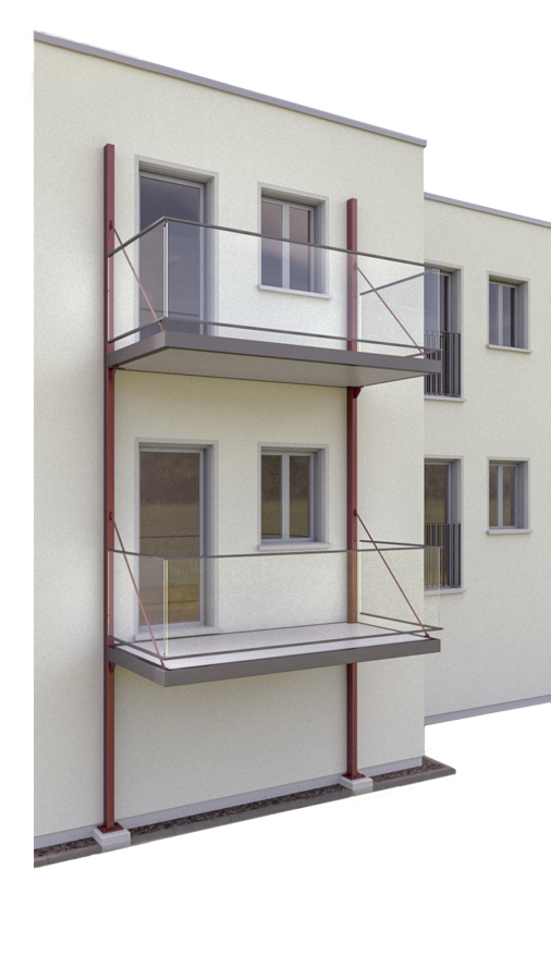 Diser Vorhängebalkon wird von einem Tragwinkel getragen.